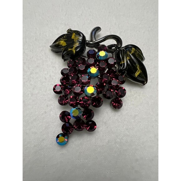 Womens Crystal Grapes Brooch Pin Dark Green Purple Pin Clothing Accessories 3" - Picture 1 of 3